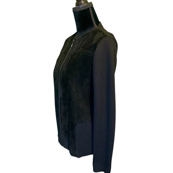 Investments Black Leather Suede Wool Knit Women's Zip Up Jacket - Picture 4 of 14